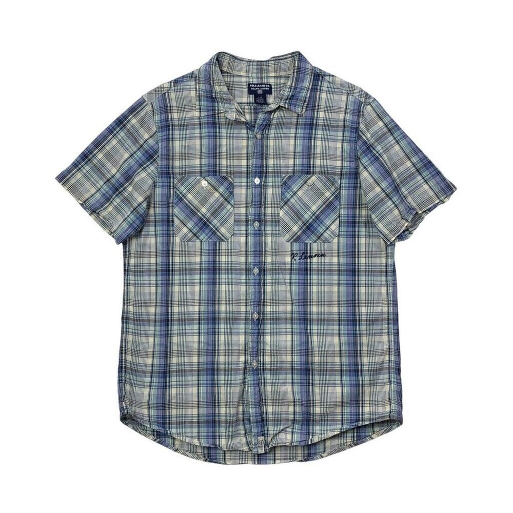 Vintage Polo Jeans Ralph Lauren Shirt Mens L Cotton Check Short Sleeve Western